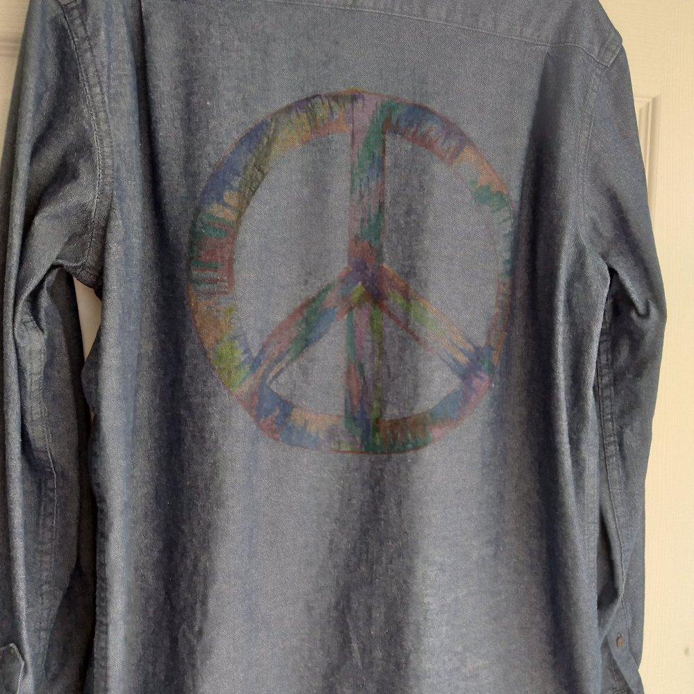 Upcycled Denim Long Sleeved Custom Peace Sign Shirt